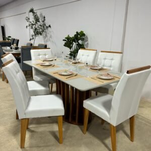 mesa mary com 6 cadeiras almofadadas